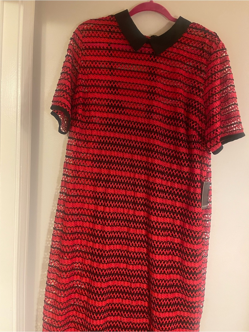 Eloquii Red and Black Zigzag Knit Short-Sleeve Dress with Peter Pan Collar